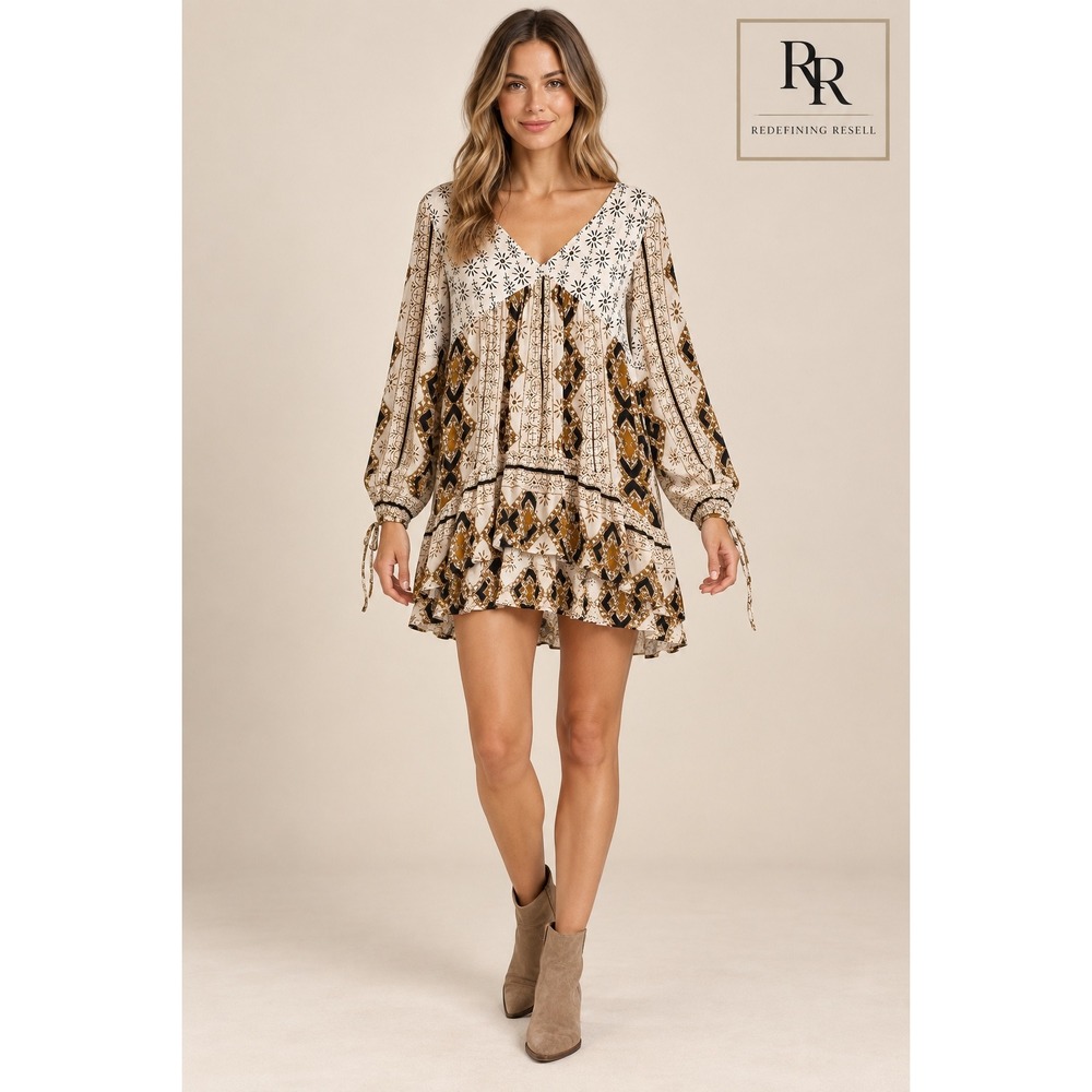 Free People Mixed Print V-Neck Tunic Mini Dress Brown Cream Mustard Size M